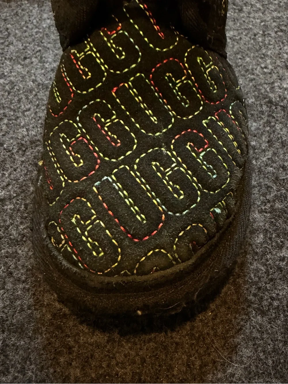 UGG Black Kids Quilted Logo Boots with Multicolor Stitching